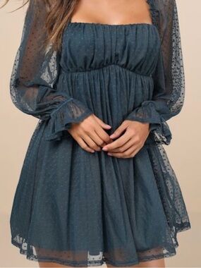 Swiss Dot Ruffled Mini Babydoll Dress - Teal